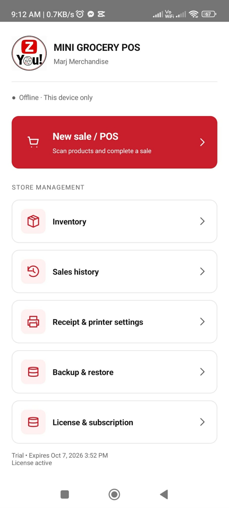 Z You POS home menu with red New sale button and store management menus